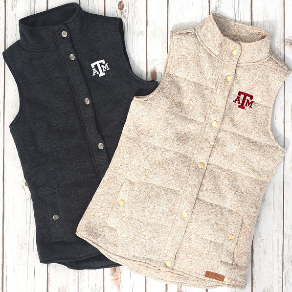 black and oatmeal texas a&m heathered quilted vests