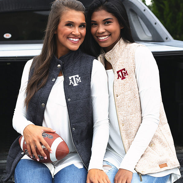 girls wearing texas a&m heathered quilted vests