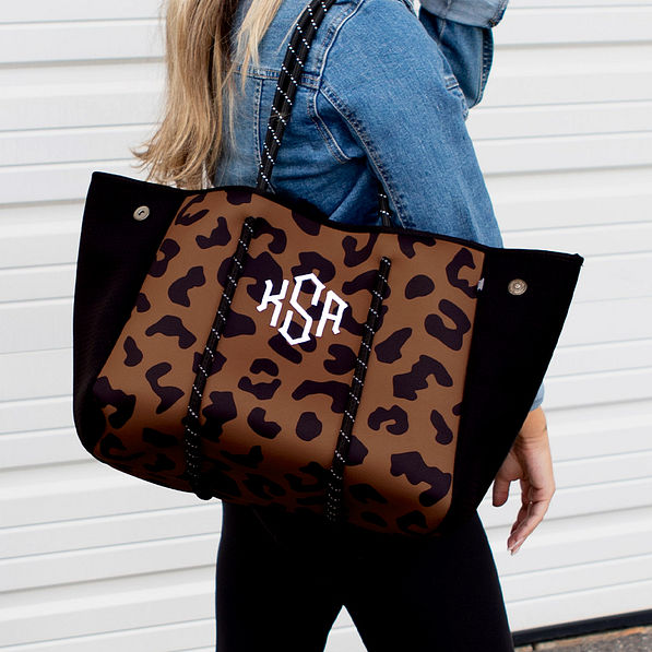 monogrammed hickory leopard neoprene tote