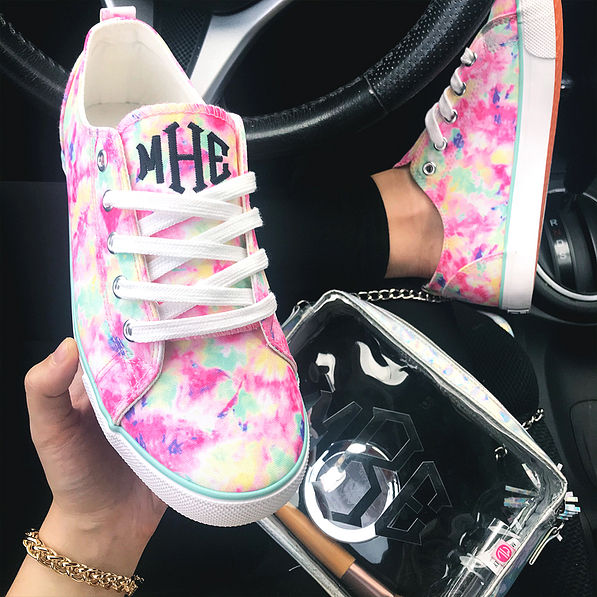 monogrammed tie dye sneaker shoefie in car