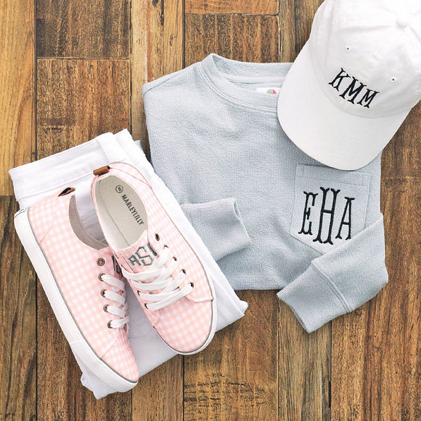 pink monogrammed gingham sneakers with monogrammed coastal crewneck and baseball hat