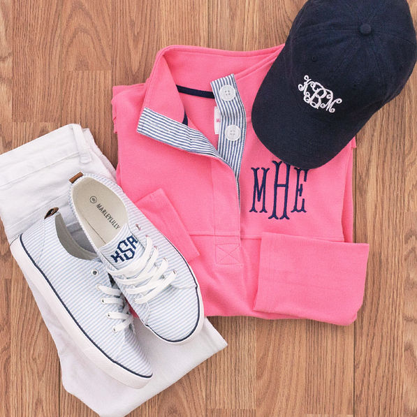 monogrammed seersucker sneakers with monogrammed popover and monogrammed baseball hat