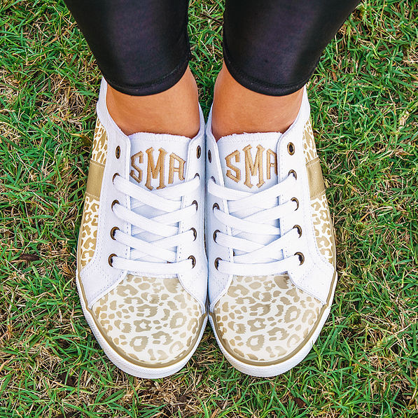 monogrammed gold leopard canvas sneakers in grass