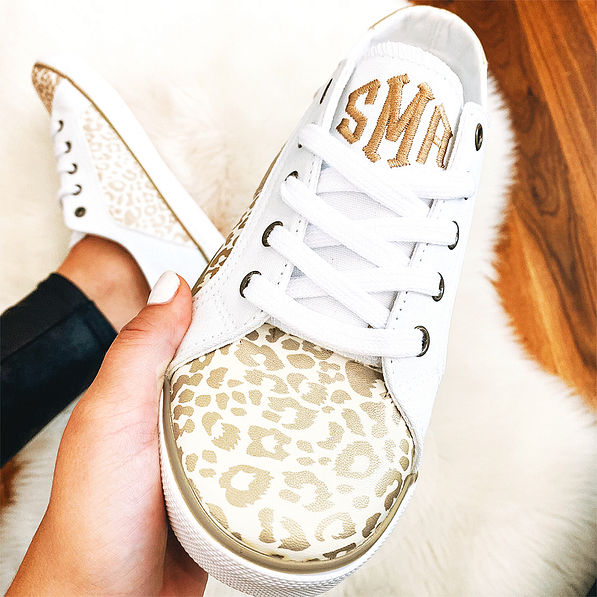 monogrammed gold leopard sneakers selfie