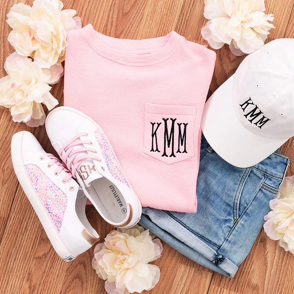 monogrammed watercolor sneakers with monogrammed coastal crewneck and monogrammed baseball hat
