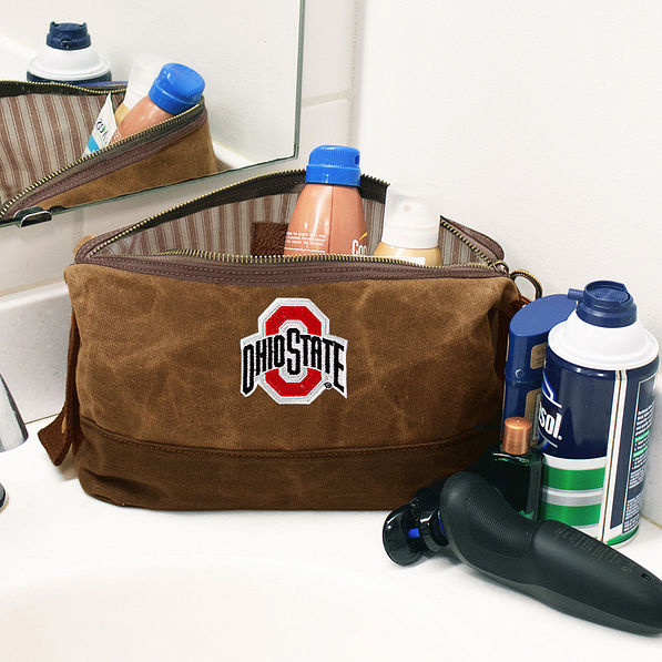 ohio state canvas dopp kit on bathroom counter