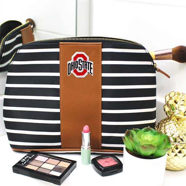 ohio state cosmetic bag on bathroom counter