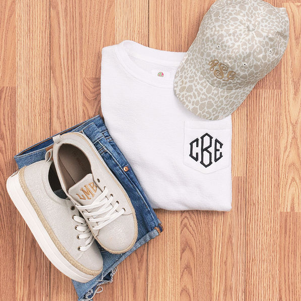 Monogrammed Metallic Platform Sneakers with coastal crewneck and baseball hat