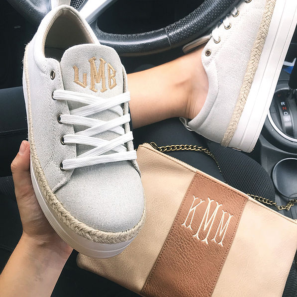 monogrammed metallic platform sneakers with clutch