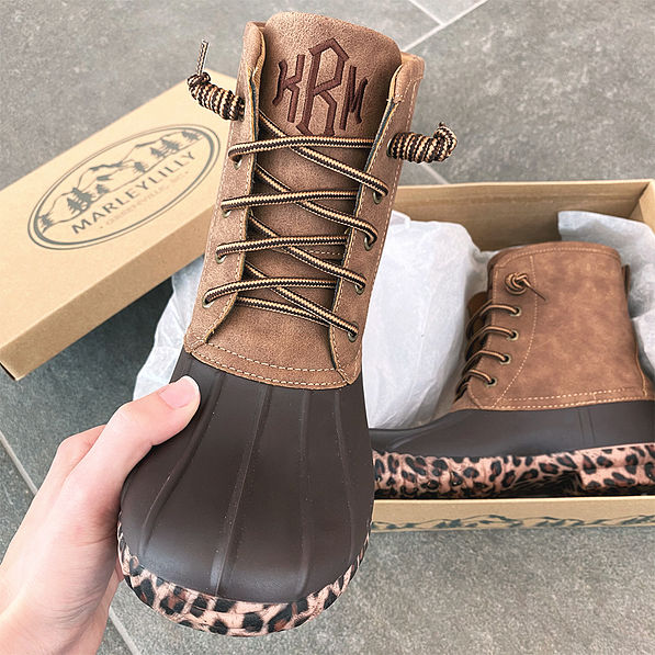monogrammed leopard bottom duck boot shofie