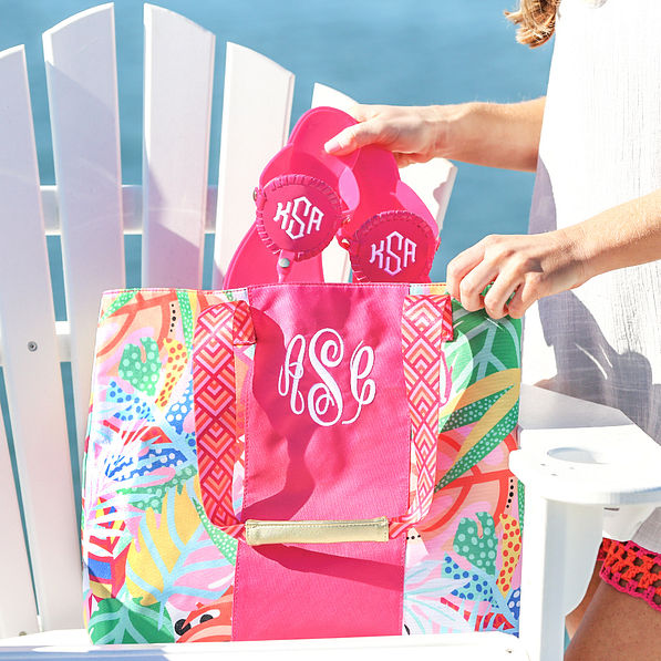 hot pink personalized flip flops in bag