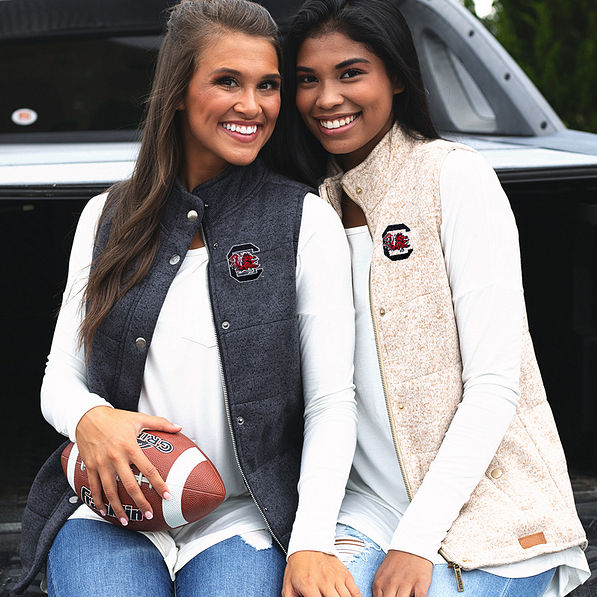 girls wearing south carolina heathered quilted vests