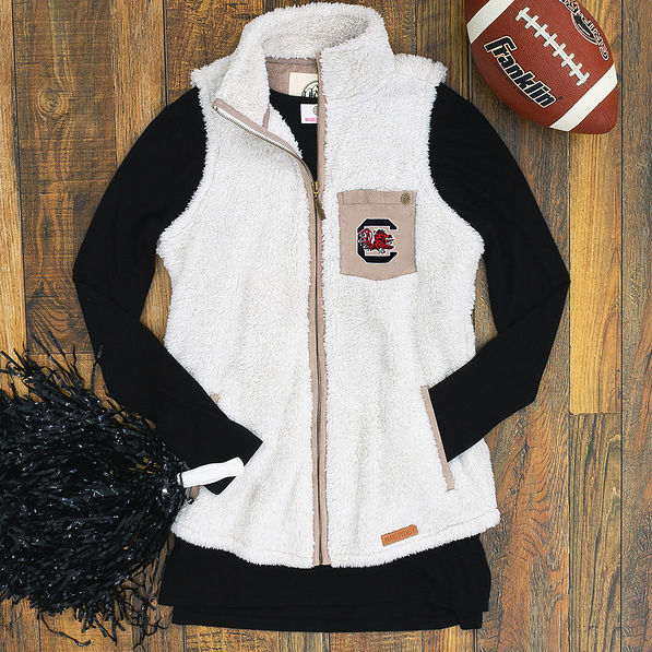 ivory sherpa vest outfit with gamecocks logo