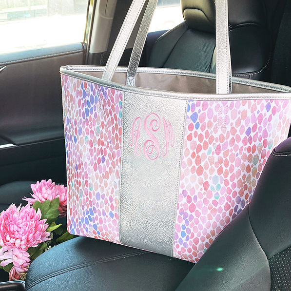 monogrammed watercolor tote in car