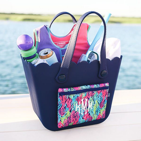 seaside soiree monogrammed waterproof tote bag at beach