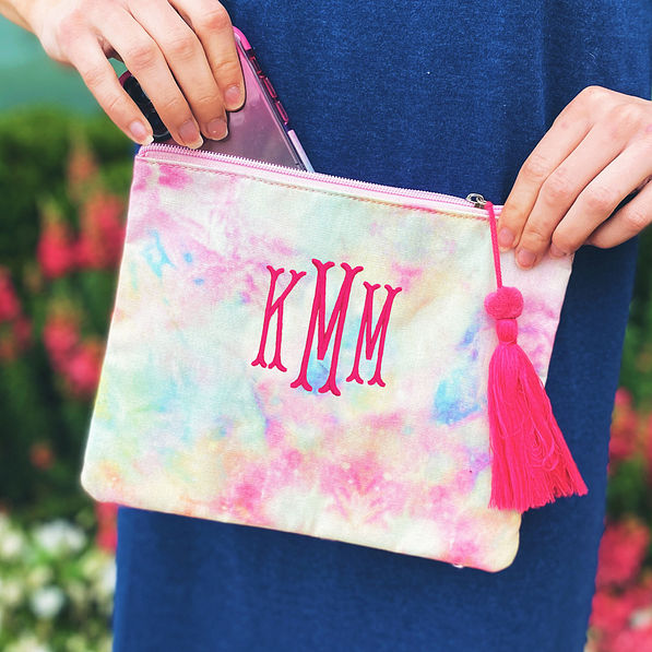 monogrammed tie dye bag with pink monogram