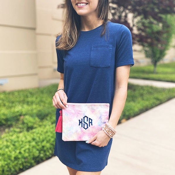 monogrammed tie dye clutch with navy dress