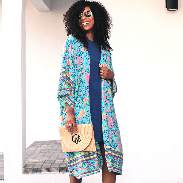 floral duster with navy t-shirt dress