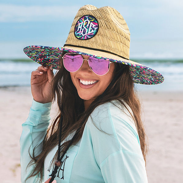 Monogrammed Straw Hat in navy floral on beach
