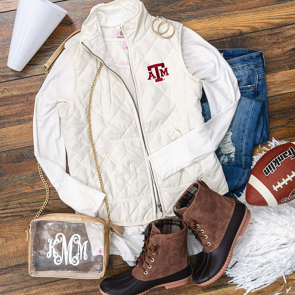 texas a&m puffy vest with duck boots
