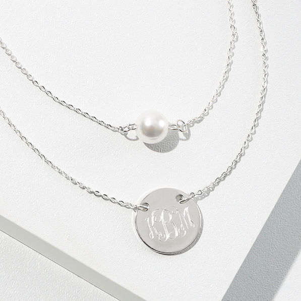 Engraved Layered Pearl Necklace - Gold or Silver