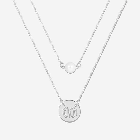 silver monogrammed layered pearl necklace