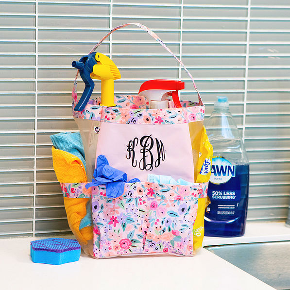 coral floral monogrammed caddy with cleaning supplies