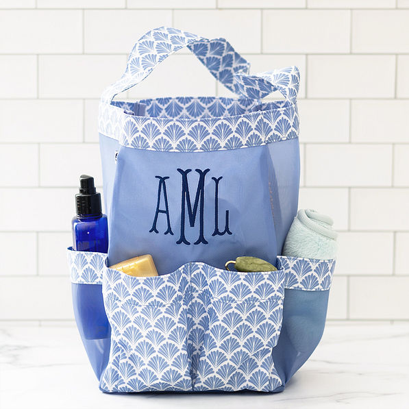 blue shells caddy in bathroom