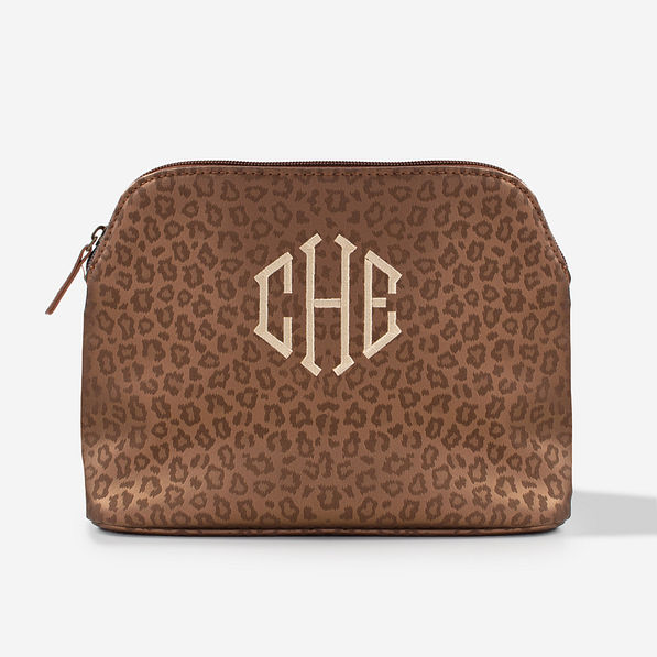 brown monogrammed metallic leopard cosmetic case