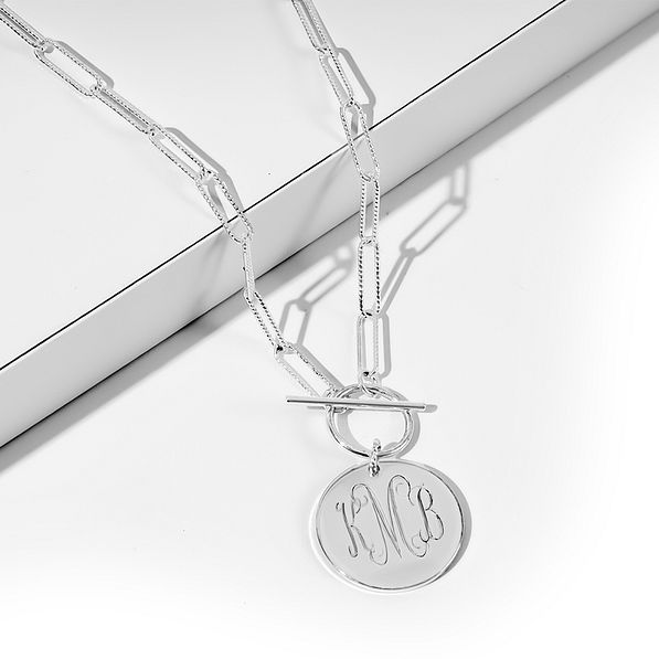 Personalized monogram disc bracelet with toggle and paper clip chain -  Choose Metal