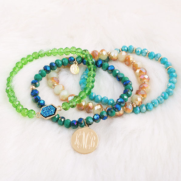 Green Beaded Bracelet Stack with Monogram