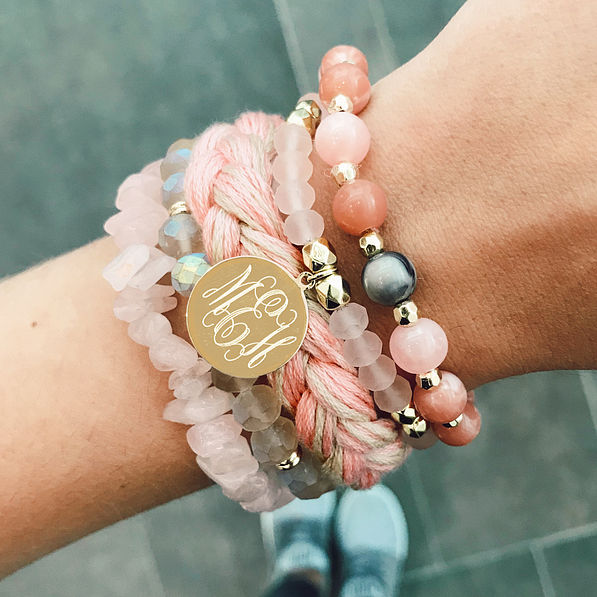 monogrammed pink beaded bracelet stack