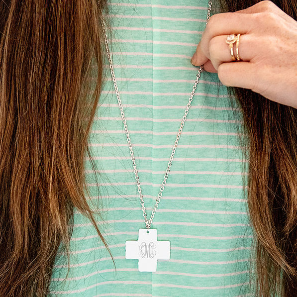silver monogrammed cross pendant with mint top