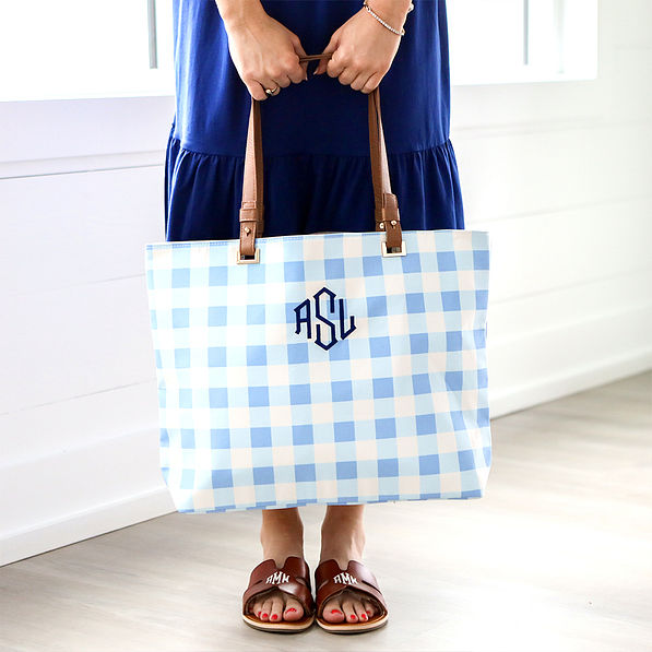 Monogrammed Gingham Tote Bag