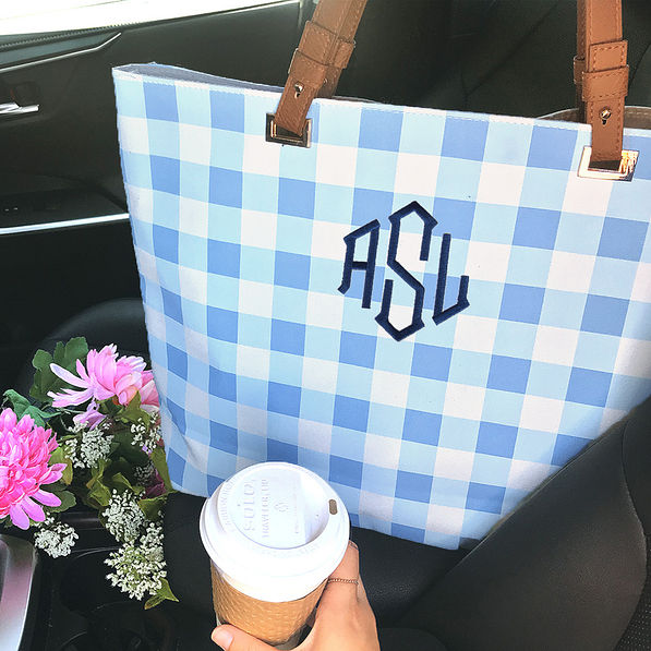 car pic of large tote withe navy octagonal monogram