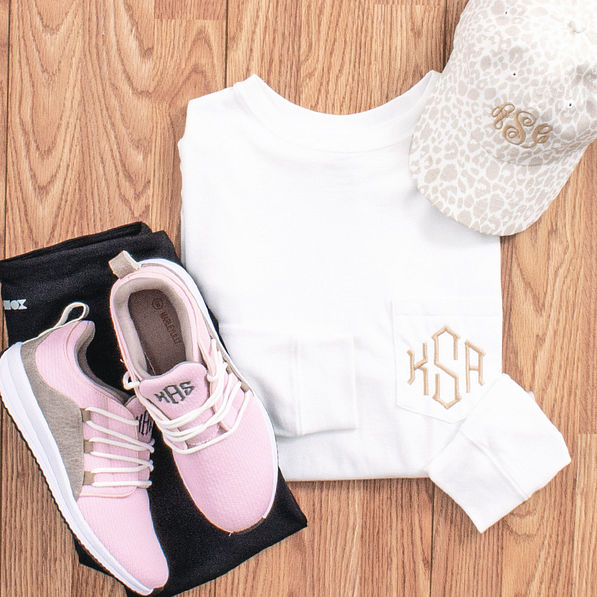 monogrammed pink athletic sneakers with monogrammed long sleeve shirt and baseball hat