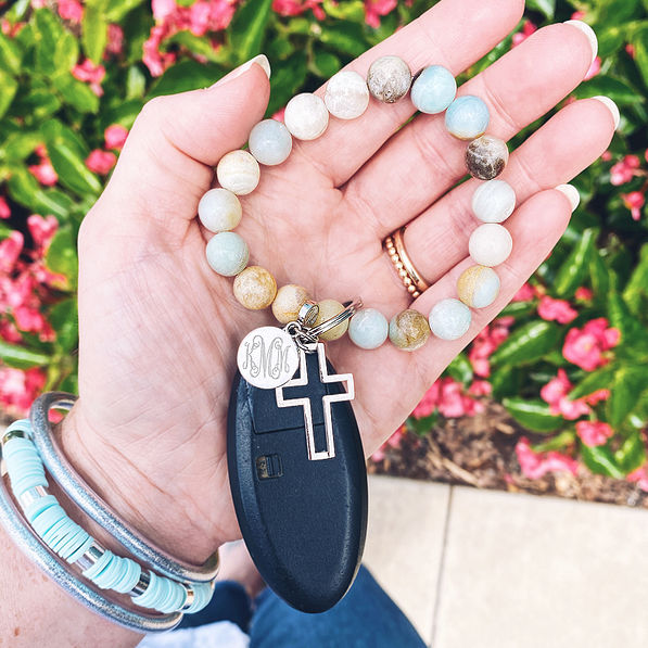 Monogrammed Cross and Bead Keychain with flowers