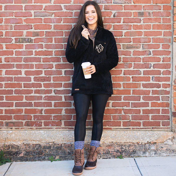 black monogrammed leopard sherpa pullover outfit shot