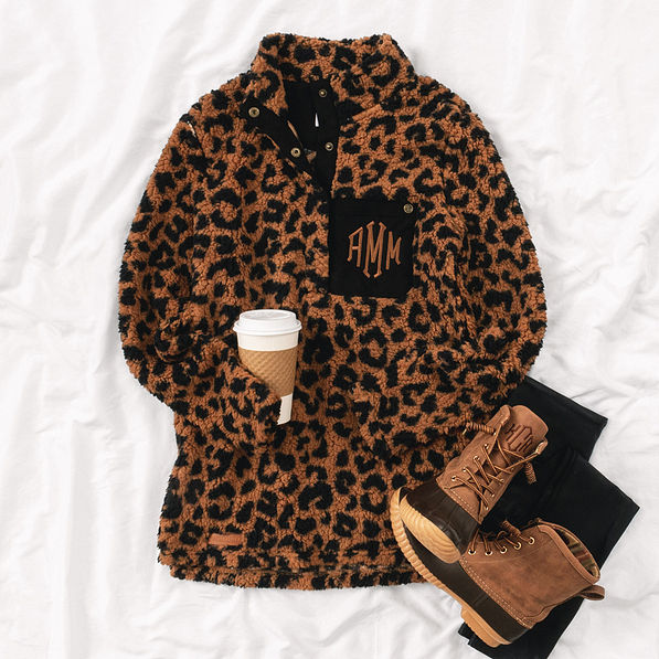 monogrammed leopard sherpa sweatshirt ootd with duck boots
