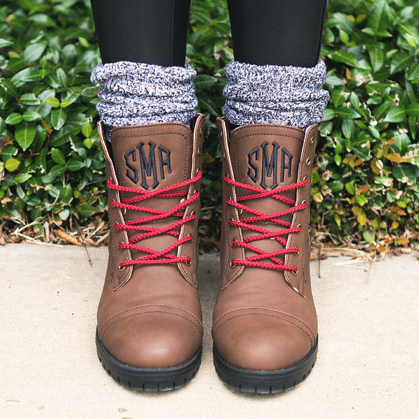 monogrammed combat boots with red laces