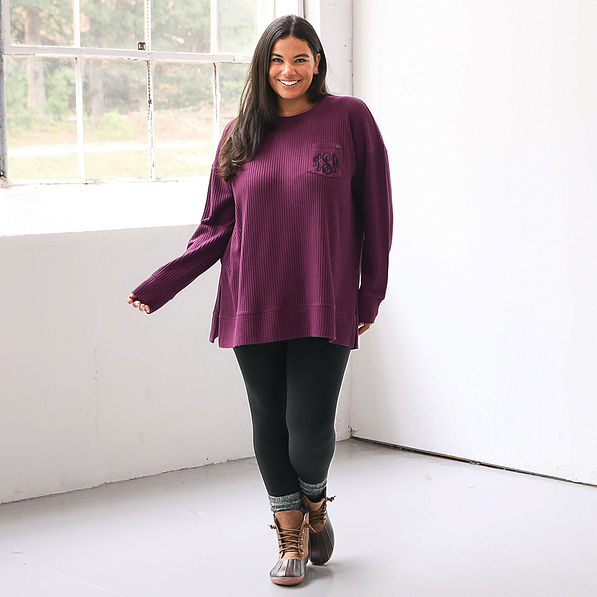 plus model wearing wine crewneck