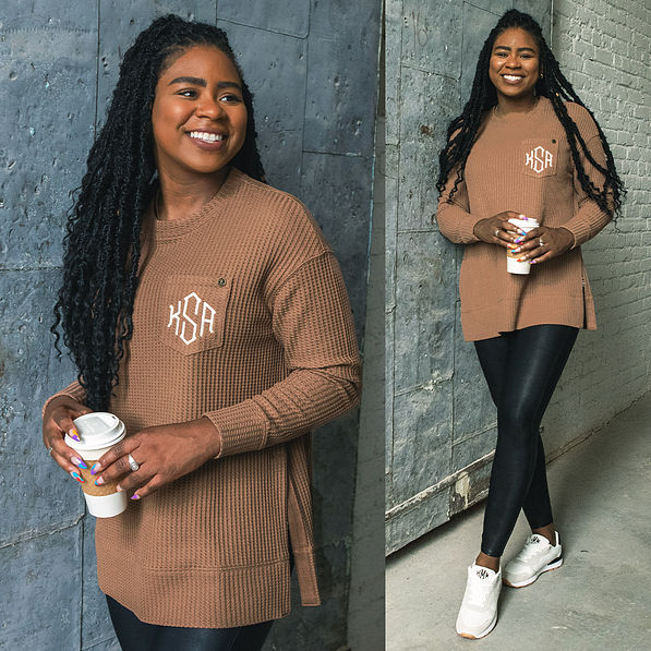 split image of hickory waffle crewneck sweatshirt