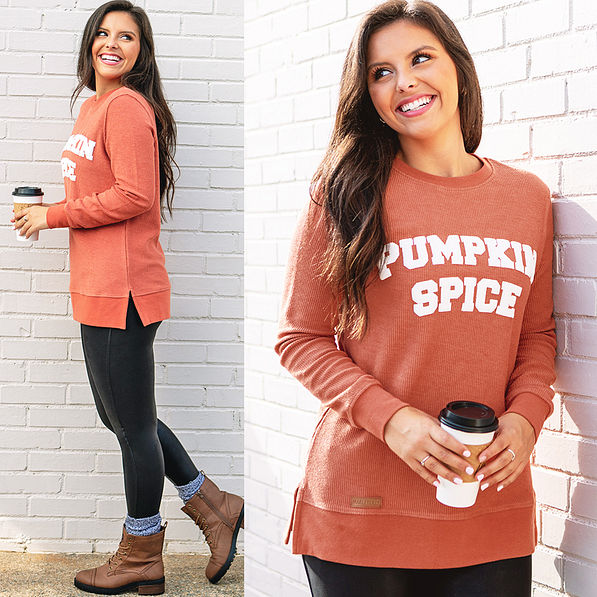 front and side of pumpkin spice sweatshirt