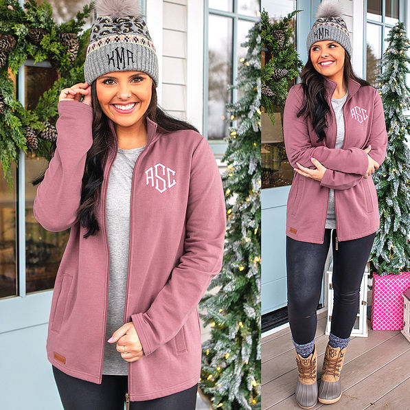 mauve personalized zip up jacket with leggings, duck boots and monogrammed pom pom beanie