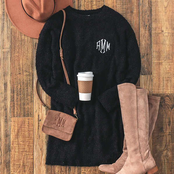 sweater dress with riding boots and crossbody