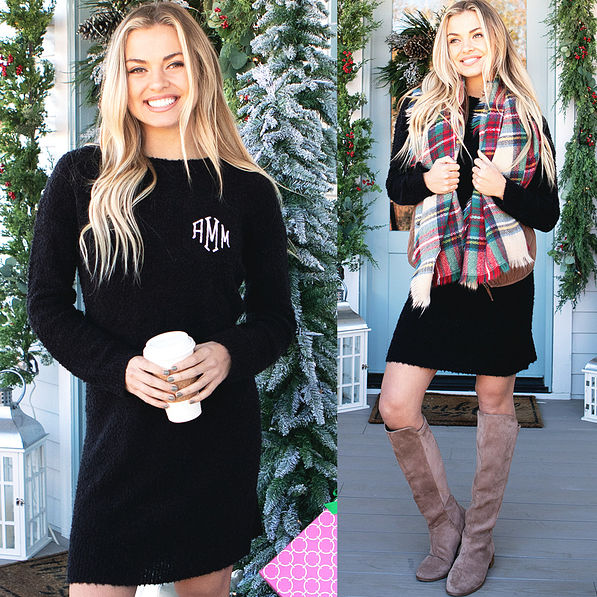 black monogrammed sweater dress with vest, blanket scarf and riding boots