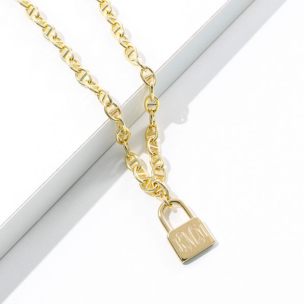 Monogrammed Lock Chain Necklace in Gold