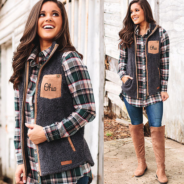 charcoal ohio state sherpa vest with plaid top and boots