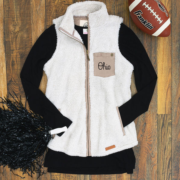 ivory ohio state sherpa vest with black tee