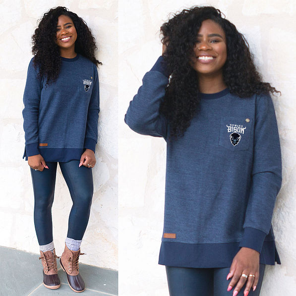 Howard University Corded Sweatshirt in Navy with duck boots